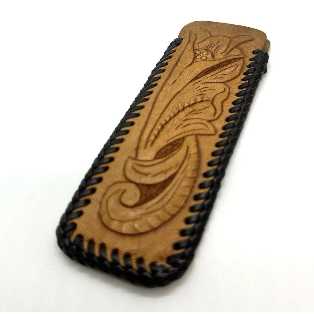 Vintage Handmade Tooled Leather Western Floral Scroll Comb Holder Sheath Pouch